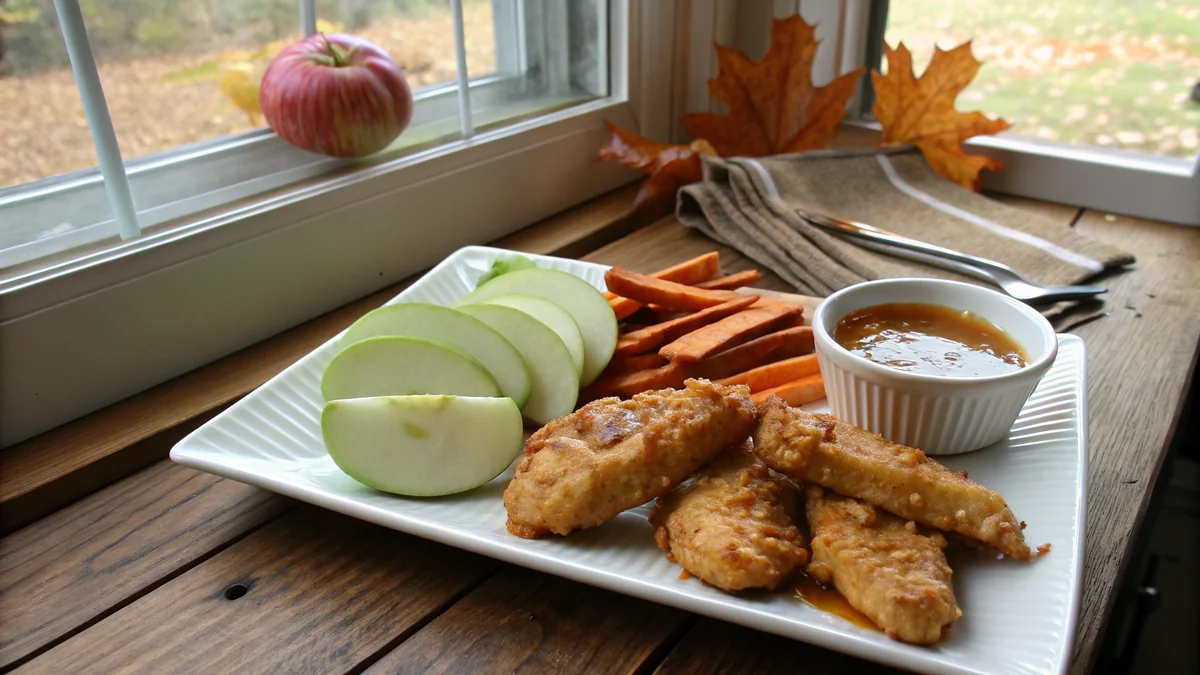 Golden glazed chicken tenders on white ceramic plate with glistening honey-apple glaze coating, sliced fresh Granny Smith apples beside, sweet potato fries, dollop of honey mustard, fall Texas Hill Country setting with autumn leaves, warm afternoon light, family-friendly Sunday dinner