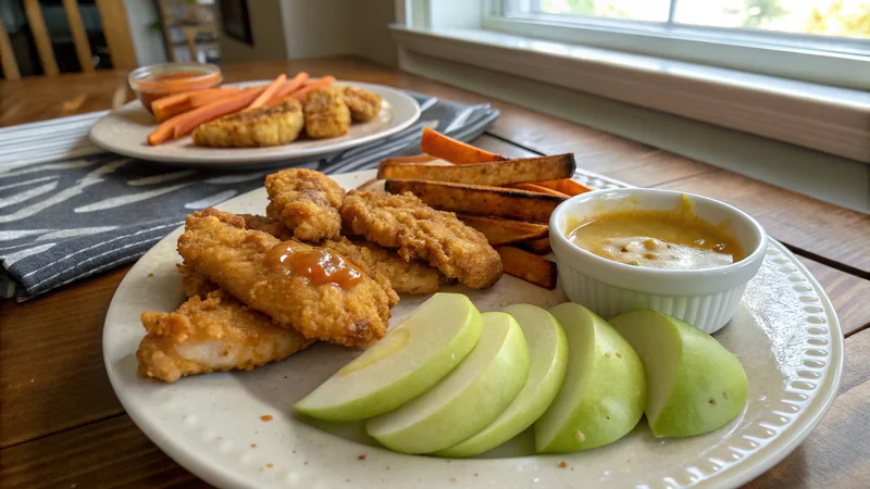 Close-up of three apple-honey glazed chicken tenders showing golden caramelized glaze, panko crust visible beneath, fresh thyme garnish, magazine quality