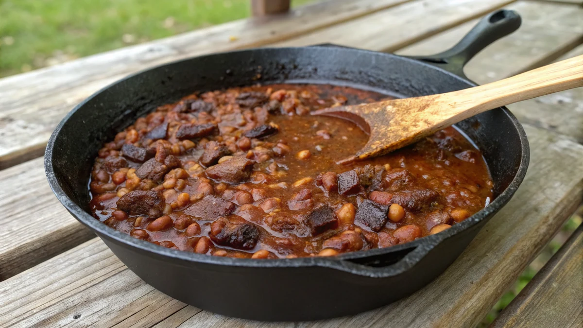 Texas BBQ Baked Beans recipe by Chef Mia, photographed in a natural light Texas kitchen