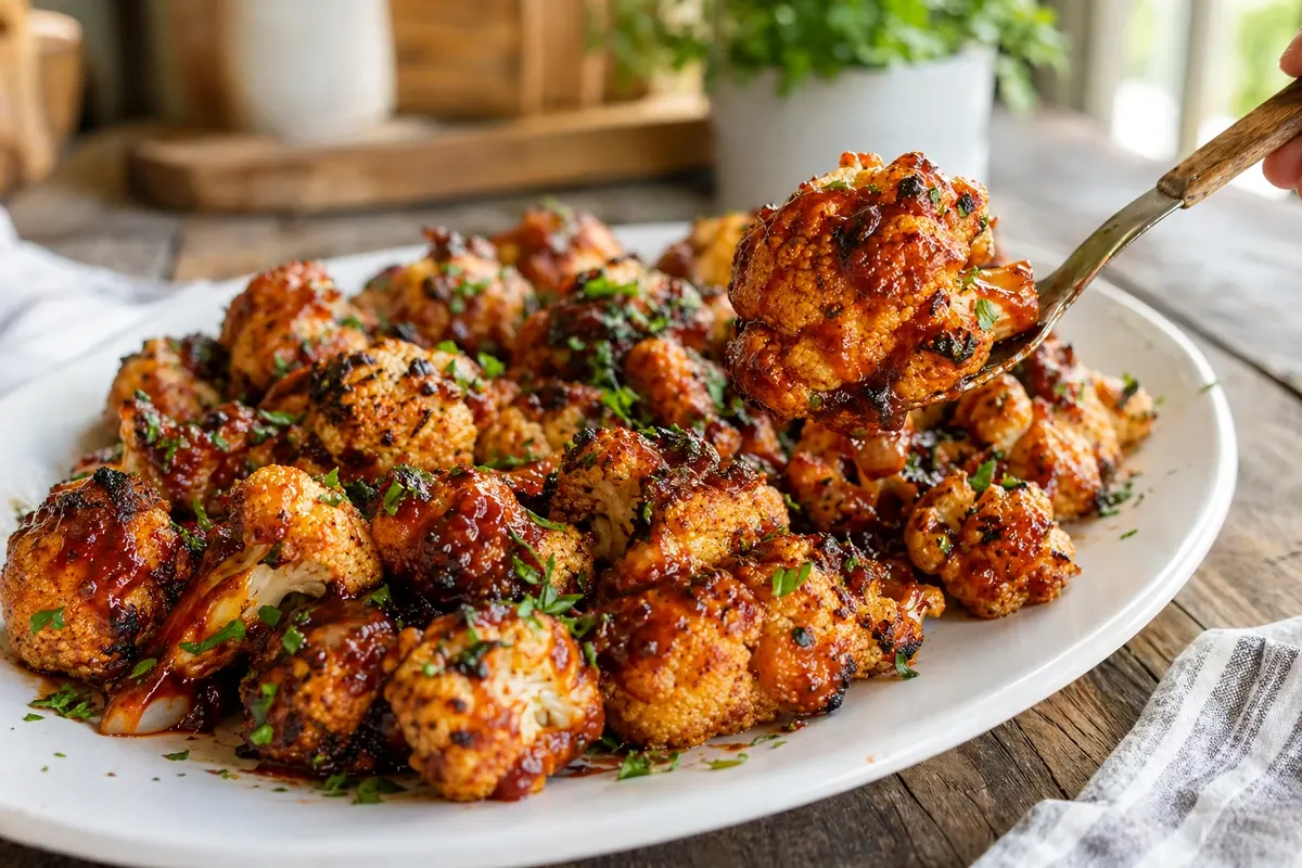 Close-up of bbq roasted cauliflower delish recipe showing texture, color, and serving detail
