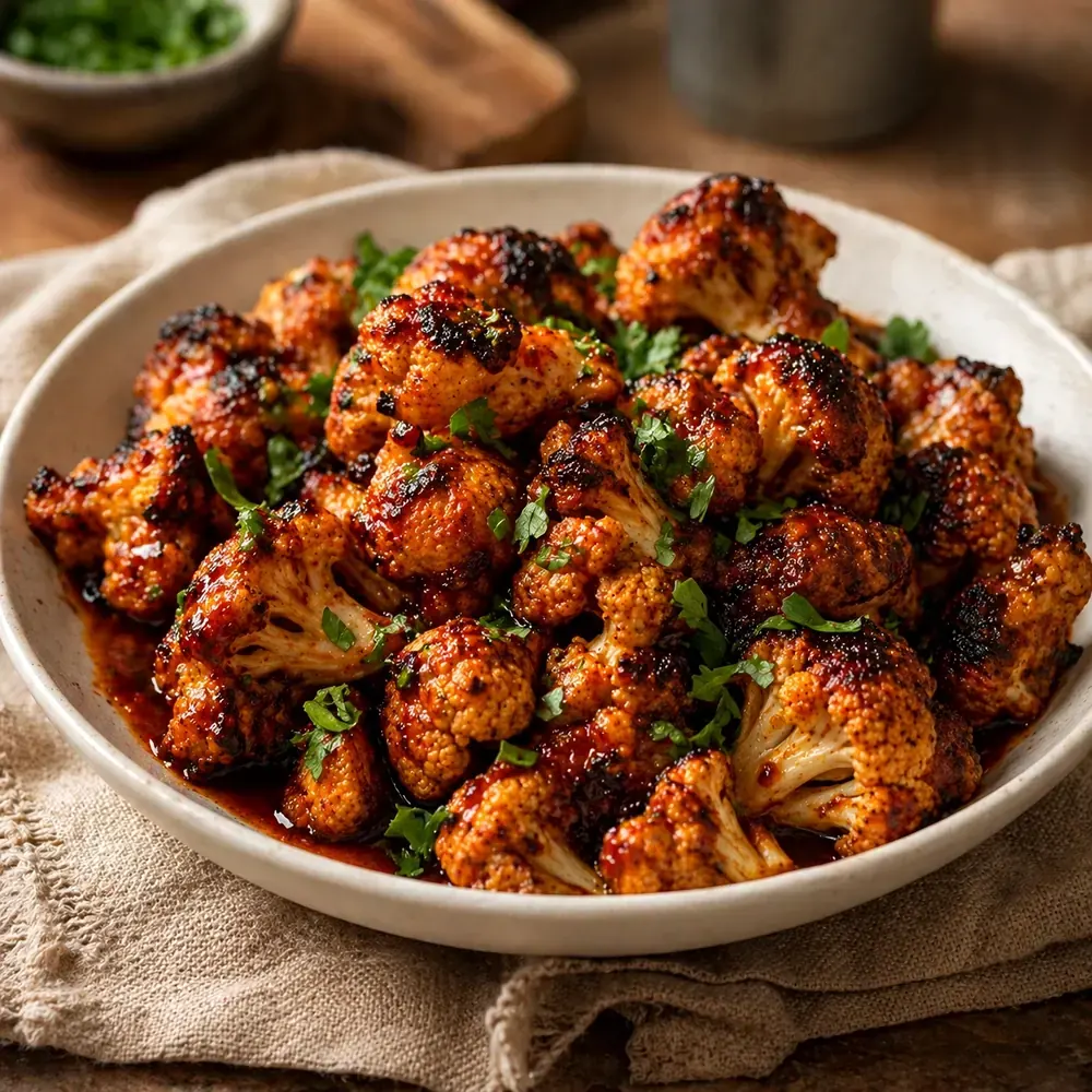 BBQ Roasted Cauliflower Delish Recipe plated for a Texas family table, overhead view