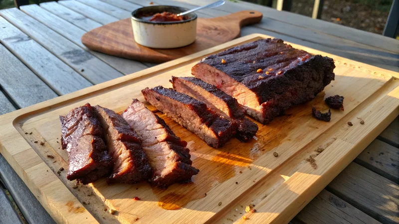 Close-up of beef back ribs after slow cooking and broiler finish, glossy BBQ glaze, exposed bone, pulled meat lifting away with a fork