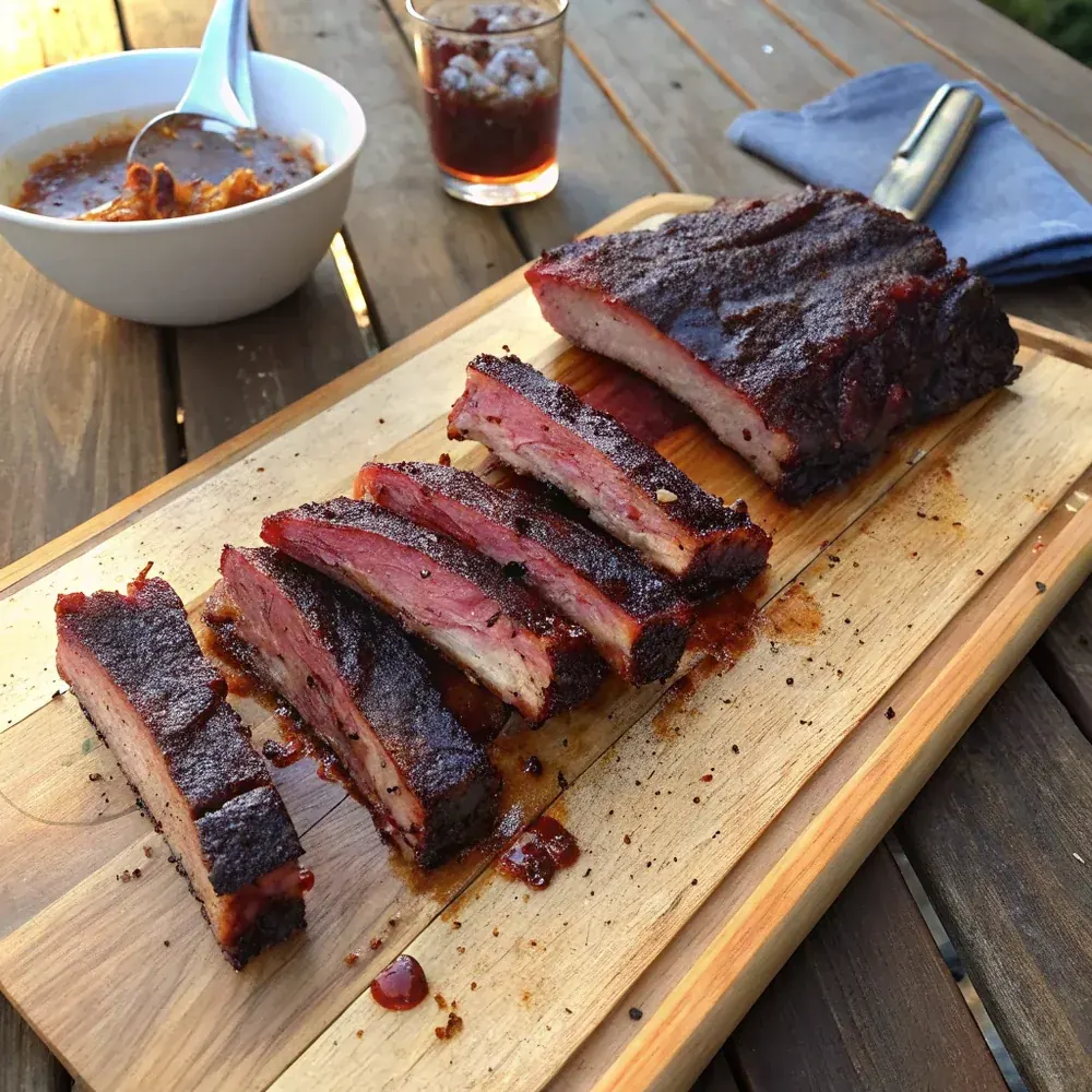 Overhead view of a rack of slow cooker beef back ribs on butcher paper with sliced raw onions, pickles, and Texas BBQ sauce on the side