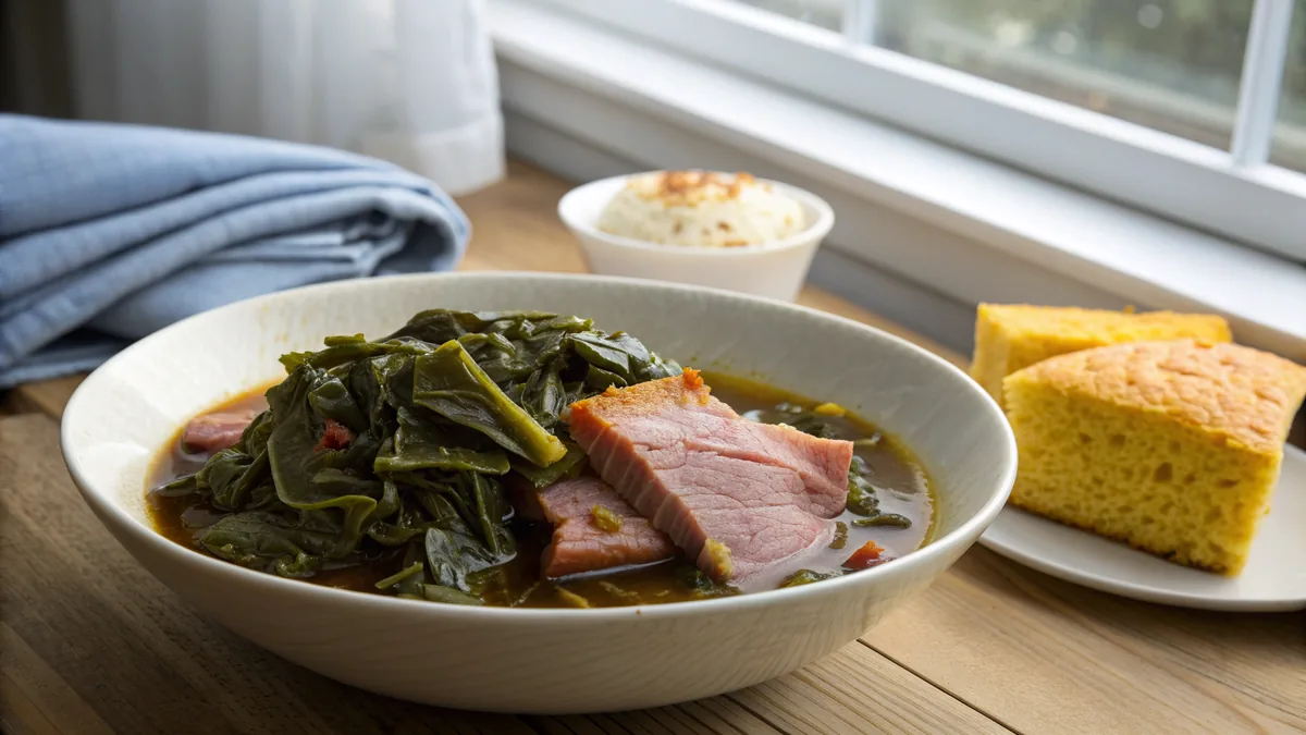 Southern Collard Greens recipe by Chef Mia, photographed in a natural light Texas kitchen