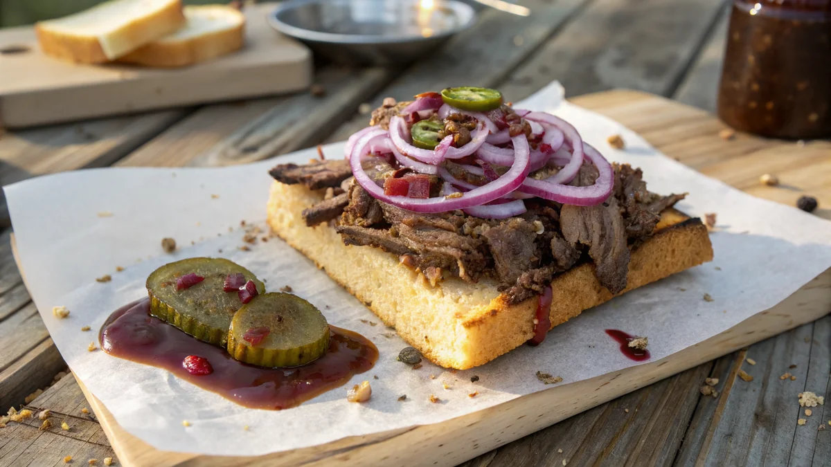 Cornbread Brisket Sandwich recipe by Chef Mia, photographed in a natural light Texas kitchen