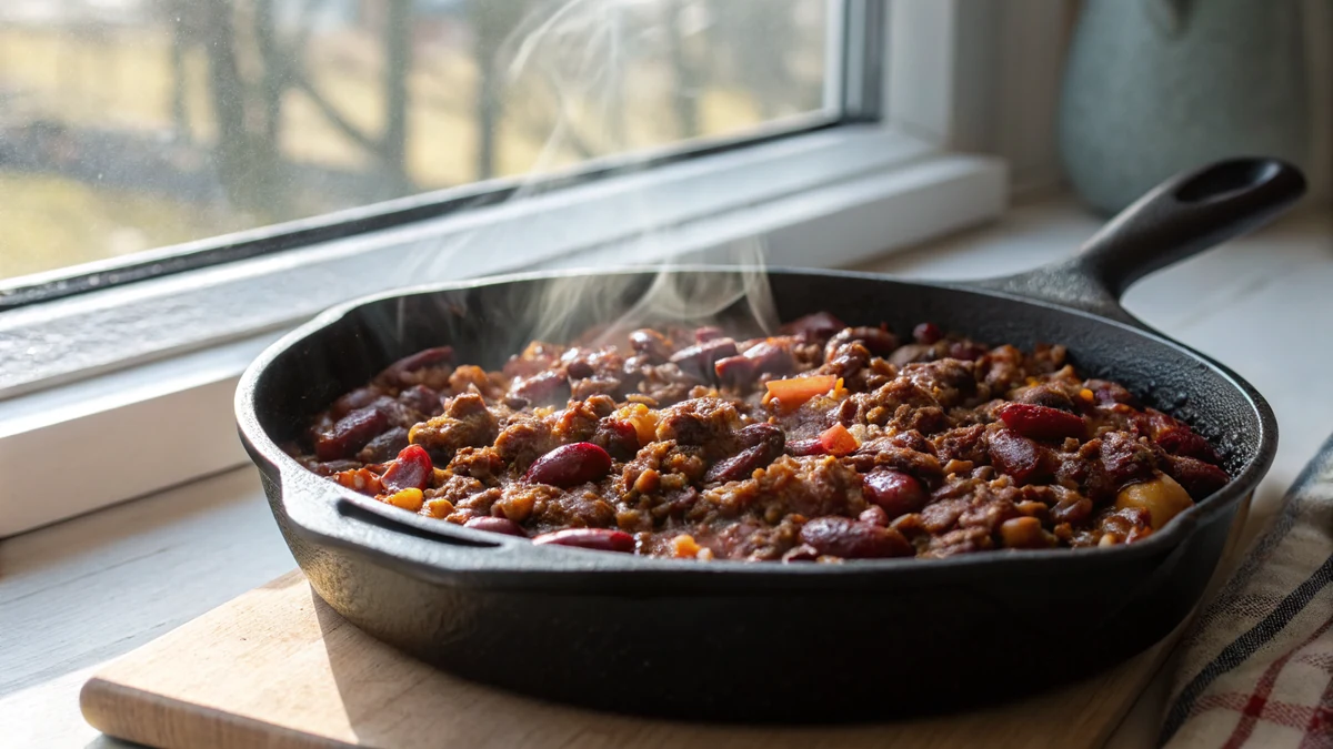 Cowboy Beans recipe by Chef Mia, photographed in a natural light Texas kitchen