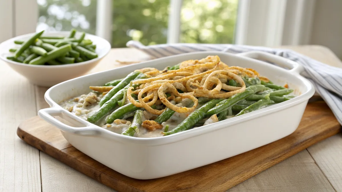 Green Bean Casserole recipe by Chef Mia, photographed in a natural light Texas kitchen