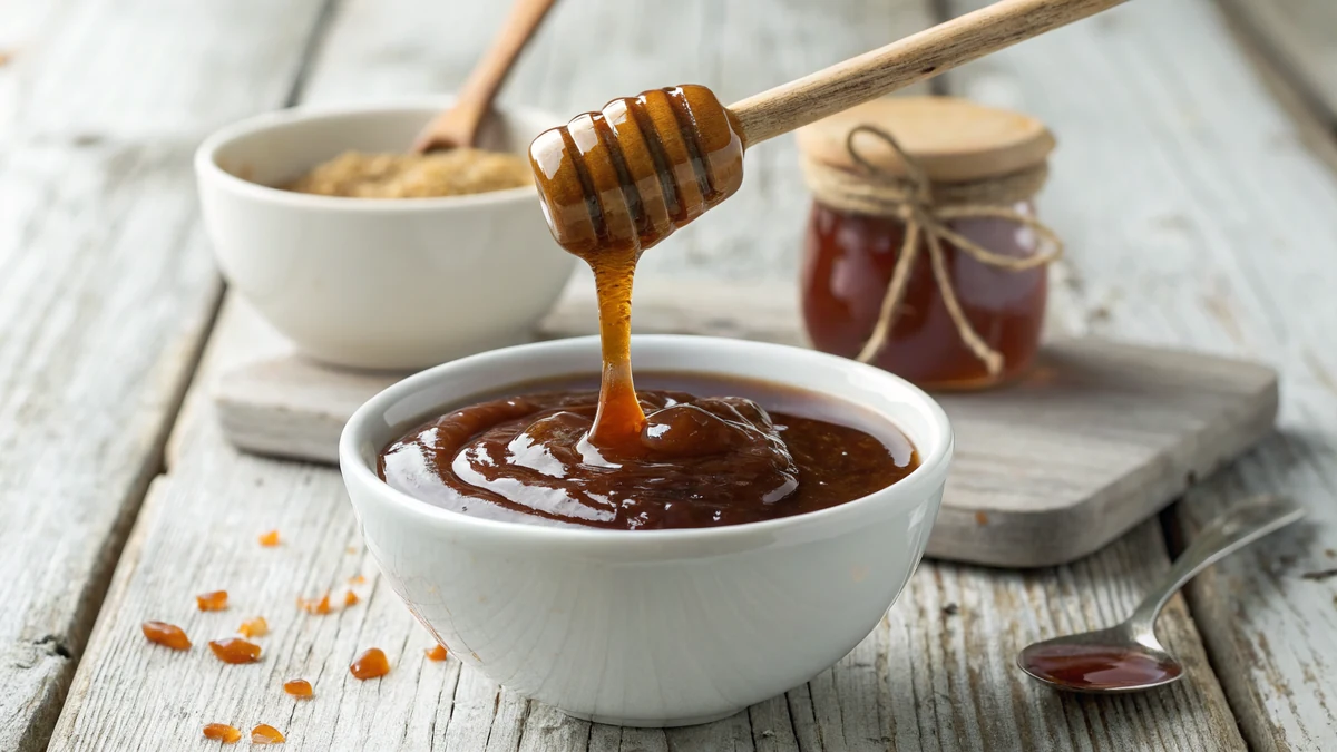 Honey BBQ Sauce recipe by Chef Mia, photographed in a natural light Texas kitchen