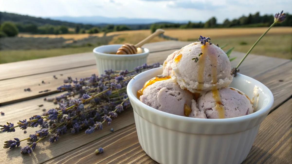 Honey Lavender Ice Cream recipe by Chef Mia, photographed in a natural light Texas kitchen