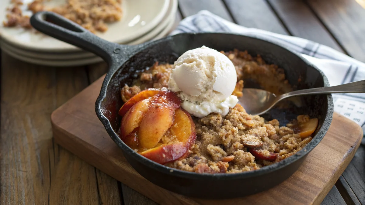 Texas peach crumble in a cast iron skillet with golden brown butter pecan streusel topping, juicy bubbling peach filling visible at the edges, served with vanilla ice cream