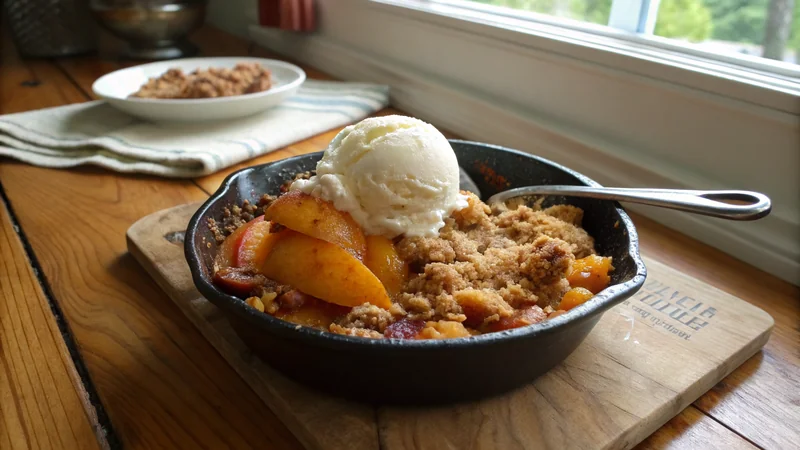 Close-up of the peach crumble streusel showing oats, chopped Texas pecans, and visible brown butter chunks over deep amber peach filling