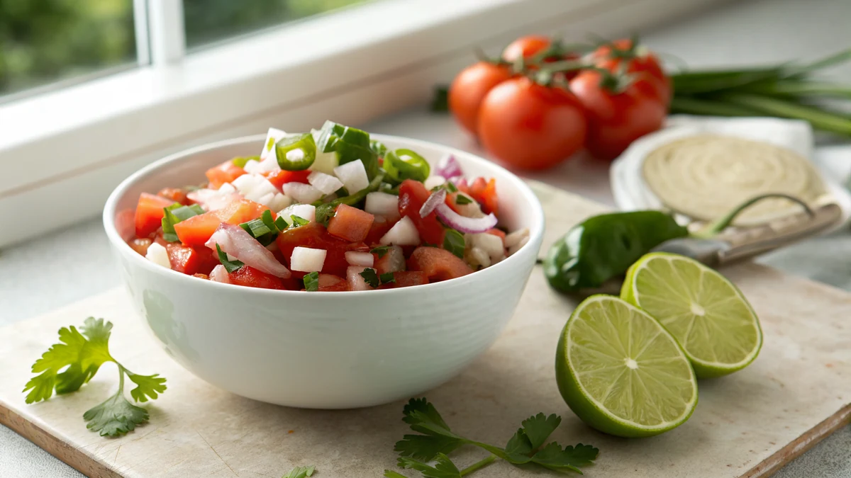 Pico de Gallo recipe by Chef Mia, photographed in a natural light Texas kitchen