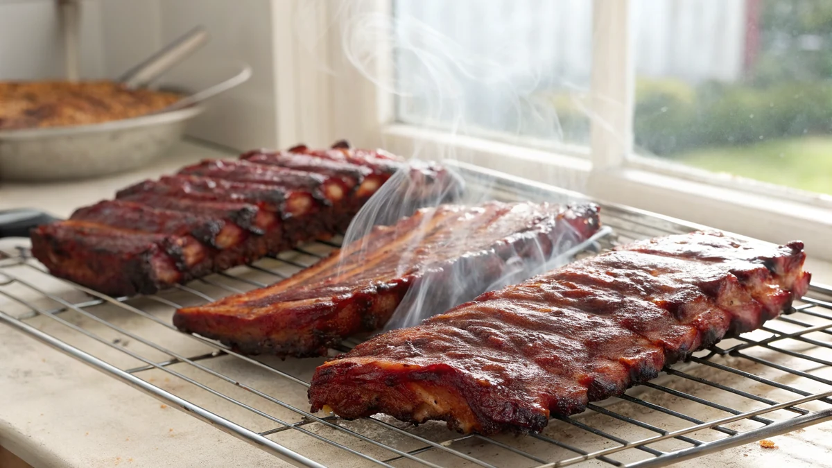 Ribs in an Electric Smoker recipe by Chef Mia, photographed in a natural light Texas kitchen