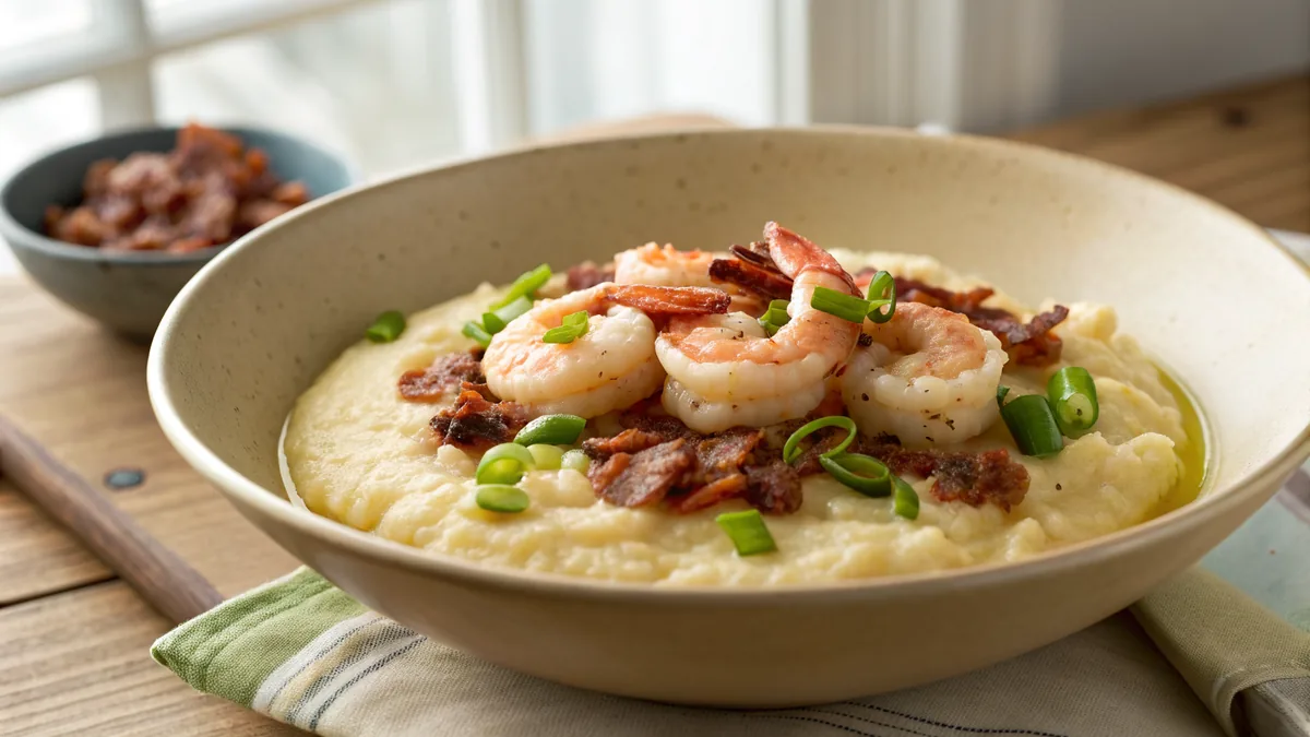 Shrimp and Grits recipe by Chef Mia, photographed in a natural light Texas kitchen