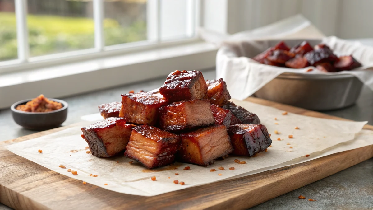 Smoked Pork Belly Burnt Ends recipe by Chef Mia, photographed in a natural light Texas kitchen