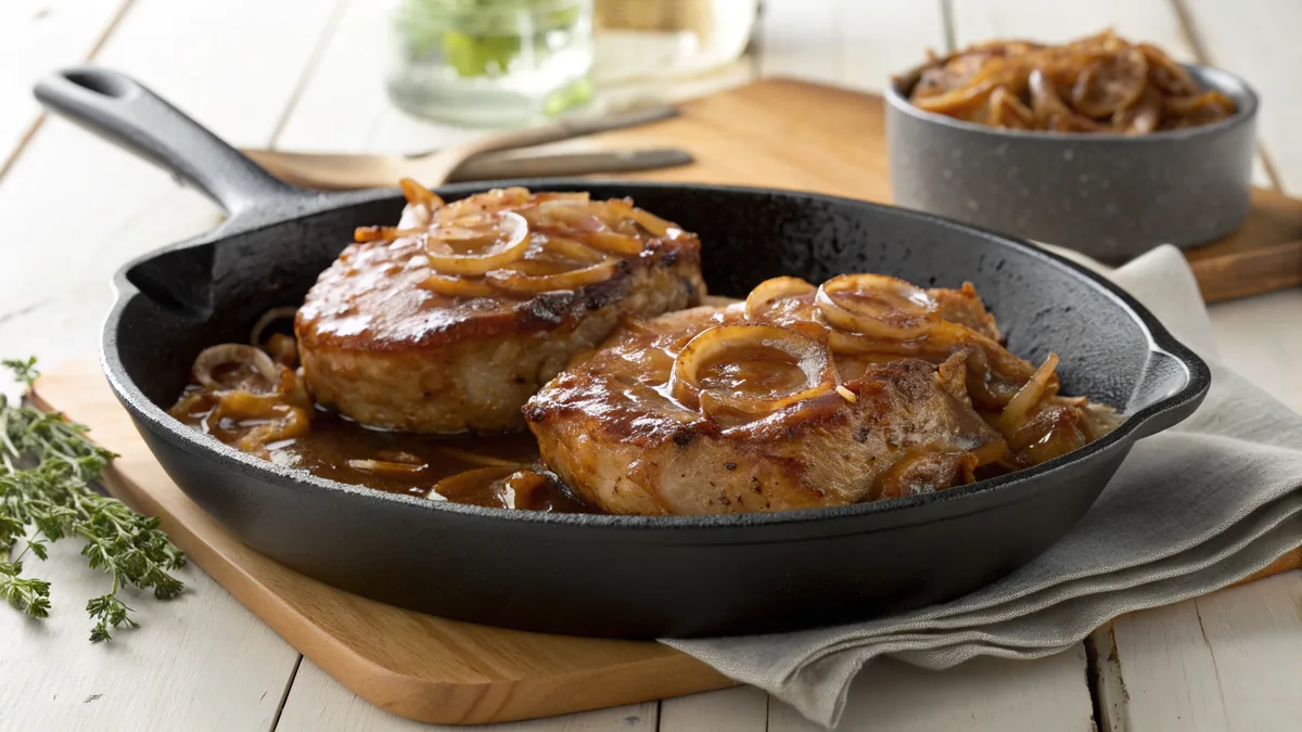 Smothered Pork Chops recipe by Chef Mia, photographed in a natural light Texas kitchen