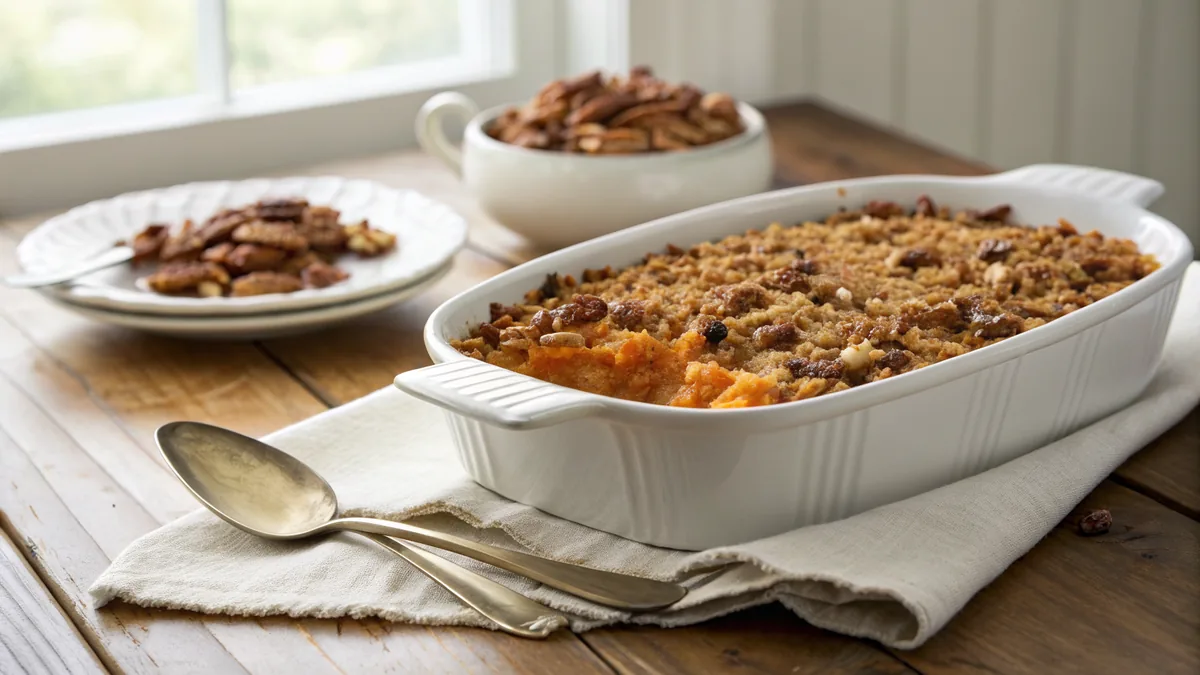 Sweet Potato Casserole recipe by Chef Mia, photographed in a natural light Texas kitchen