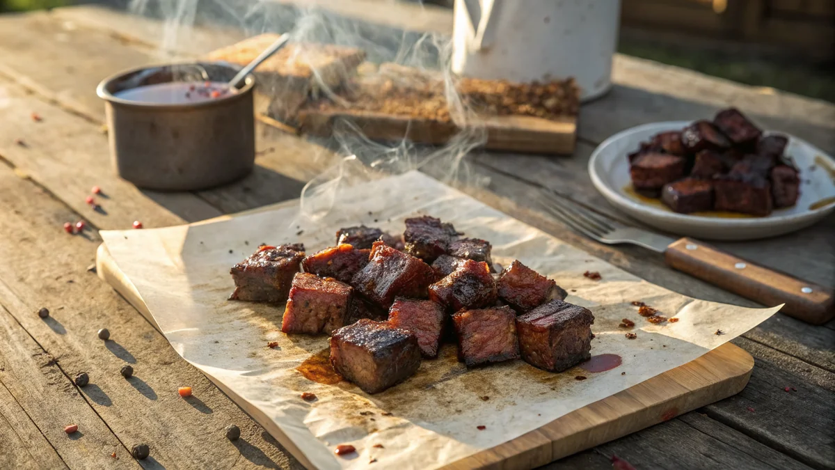 Texas BBQ Burnt Ends recipe by Chef Mia, photographed in a natural light Texas kitchen