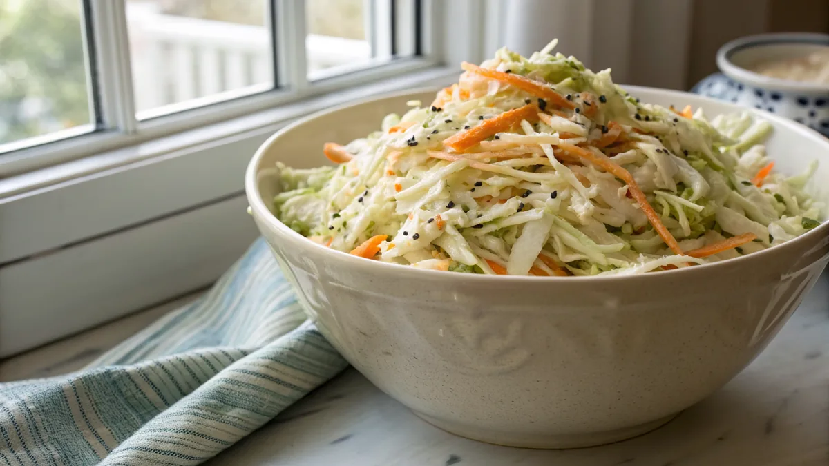 Texas BBQ Coleslaw recipe by Chef Mia, photographed in a natural light Texas kitchen