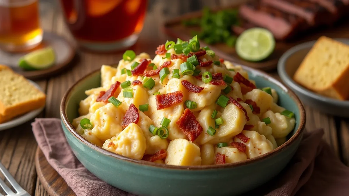 Texas BBQ Potato Salad served on a Texas kitchen counter in natural daylight