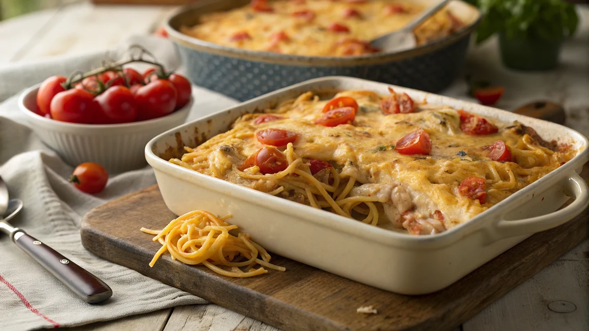 Texas Chicken Spaghetti Casserole recipe by Chef Mia, photographed in a natural light Texas kitchen