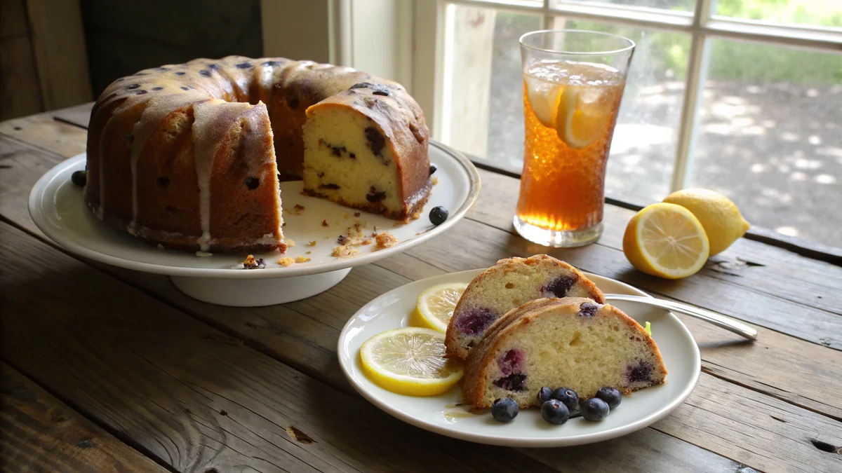 Sliced lemon blueberry pound cake on white ceramic plate, dense moist crumb visible with whole blueberries throughout, drizzle of lemon glaze on top, fresh blueberries and lemon slices garnish, bundt or loaf shape visible, served with iced tea glass nearby, spring-summer Hill Country brunch setting, natural sunlight from window