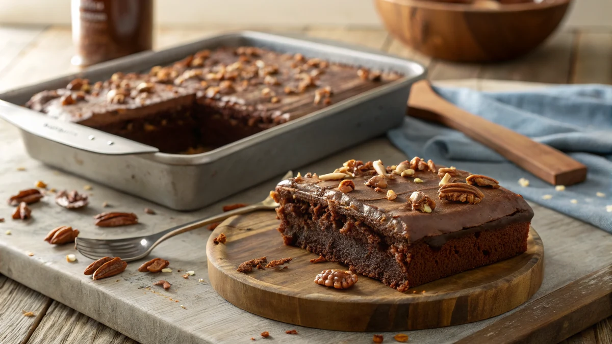 Texas Sheet Cake recipe by Chef Mia, photographed in a natural light Texas kitchen