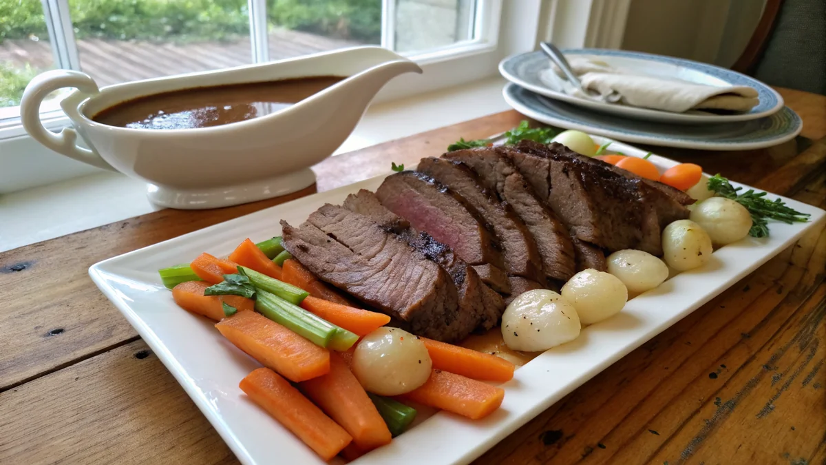 Traditional Texas pot roast with silverside beef sliced on a white serving platter, surrounded by glazed carrots, pearl onions, celery chunks, bay leaves visible, rich brown gravy in a gravy boat alongside, family-style Hill Country wooden table