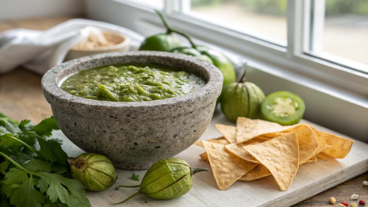 Tomatillo Salsa Verde recipe by Chef Mia, photographed in a natural light Texas kitchen