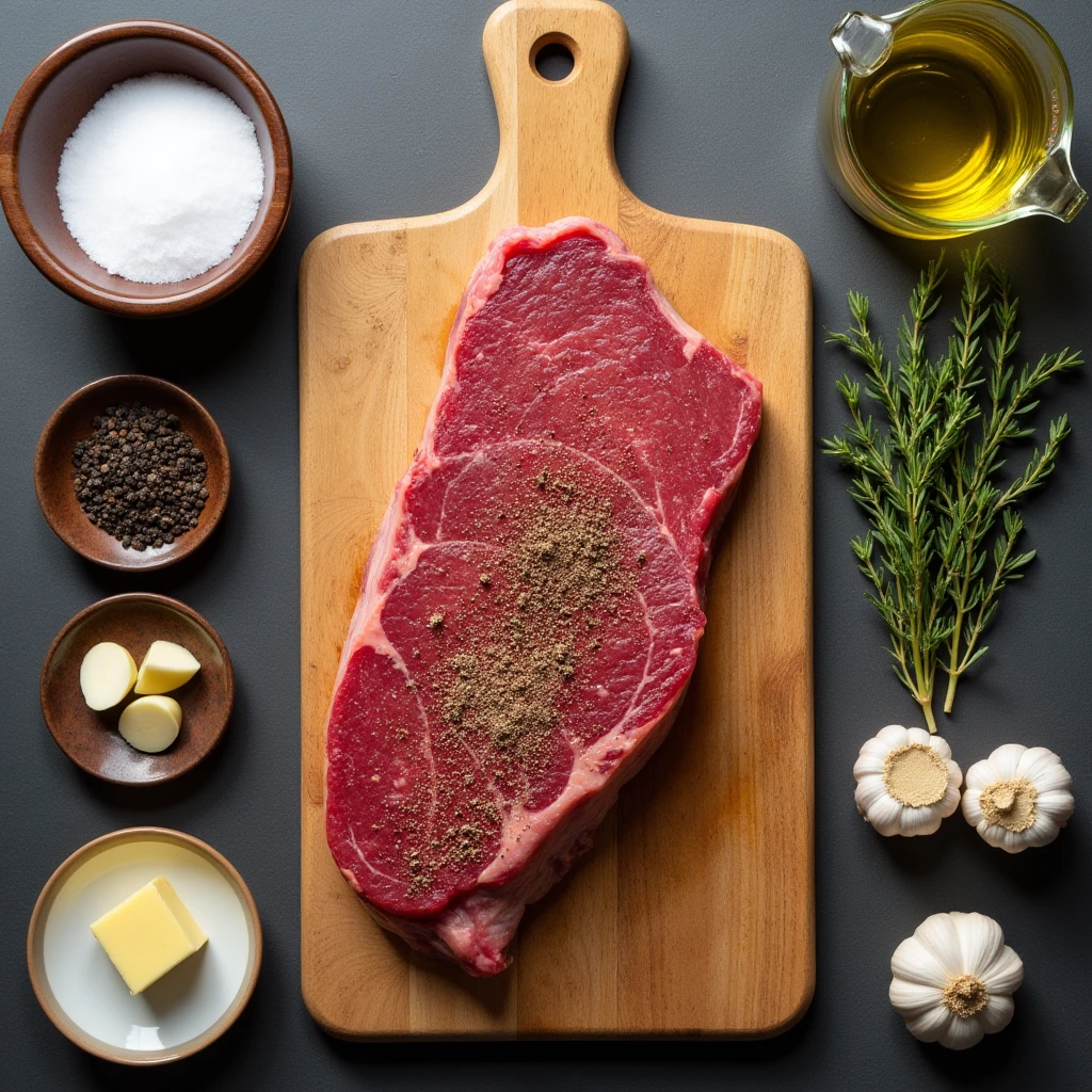 All ingredients and preparation steps for a cowboy cut steak recipe displayed as a flat lay