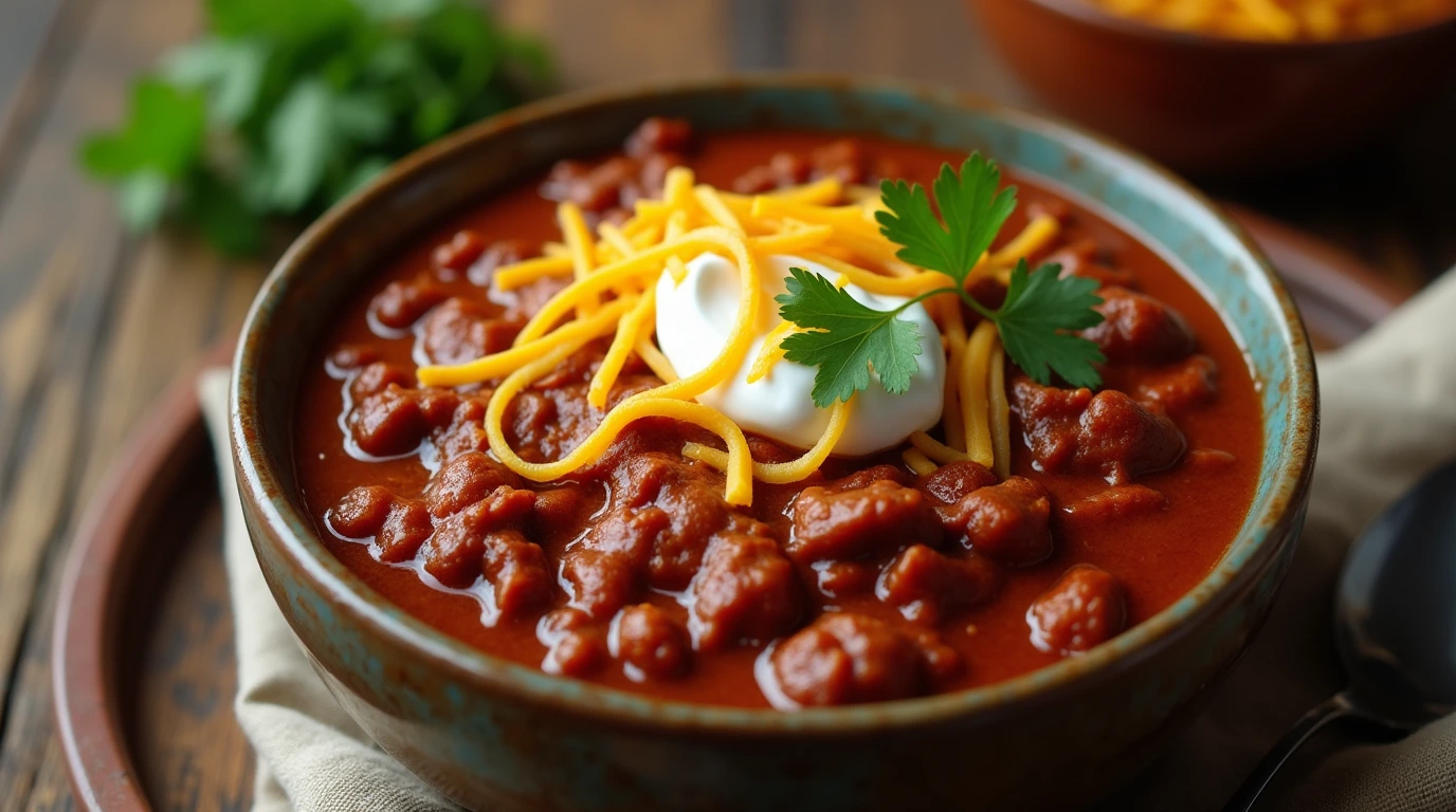 A bowl of Texas Roadhouse-style chili with cheese, sour cream, and cilantro