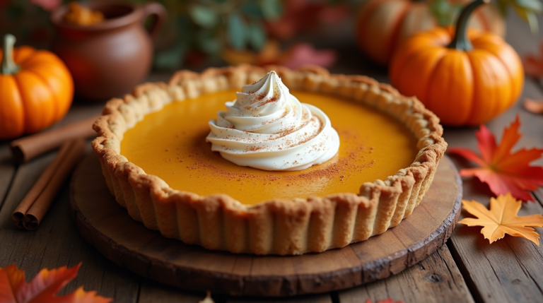 A pumpkin pie with a white swirl topping, surrounded by seasonal decorations