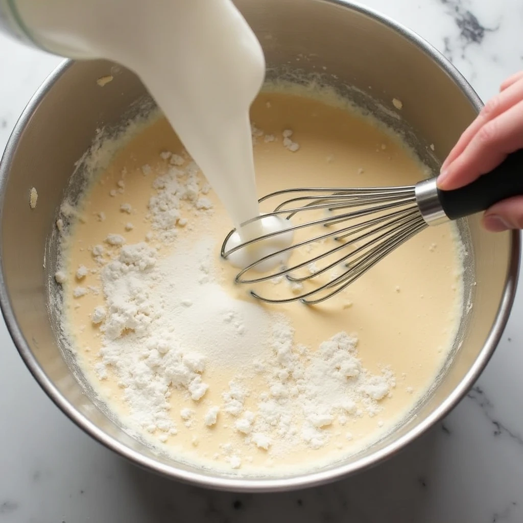 Mixing wet and dry ingredients for Texas Sheet Cake