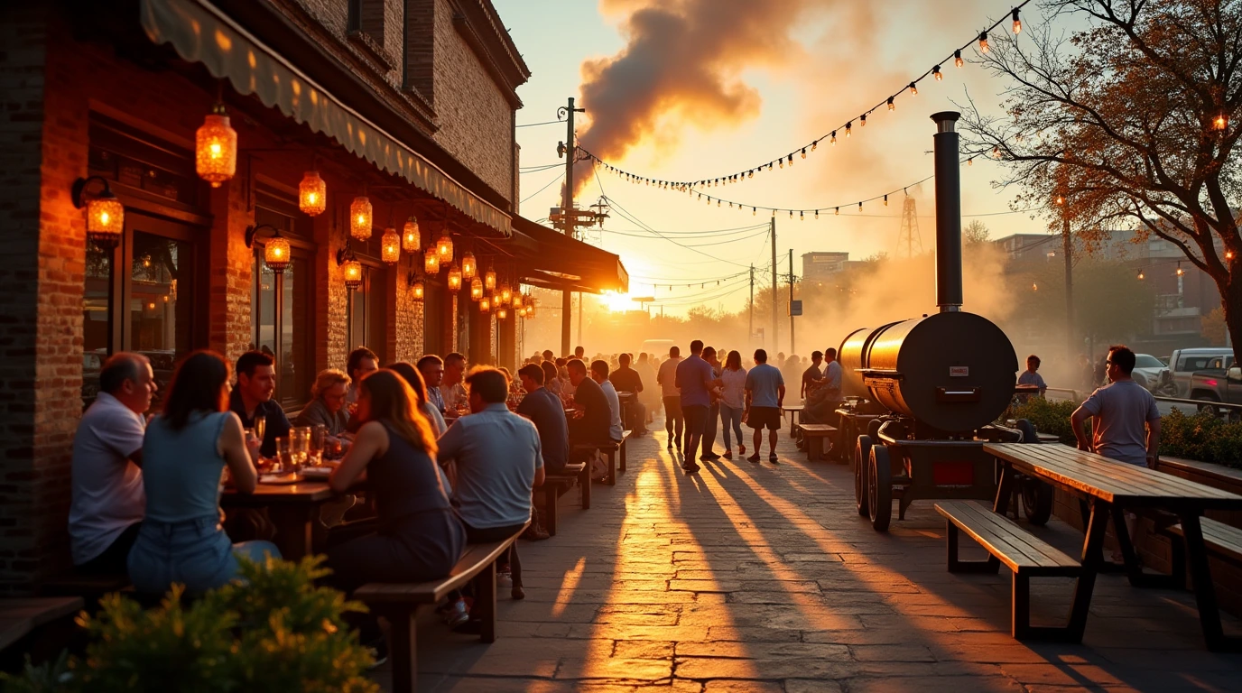 A vibrant outdoor BBQ restaurant scene in San Antonio at golden hour with people enjoying food