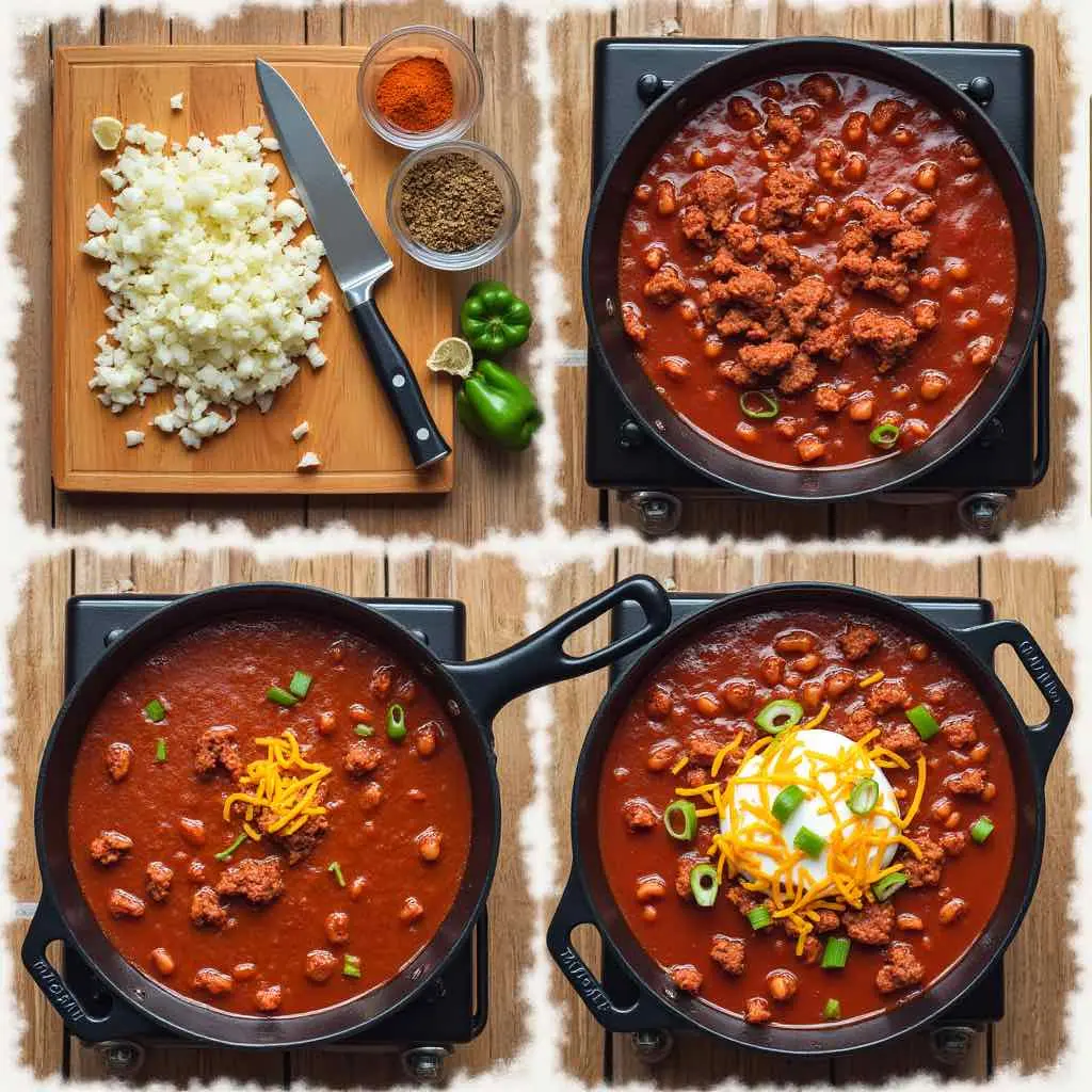 A four-panel image showing the steps of making chili