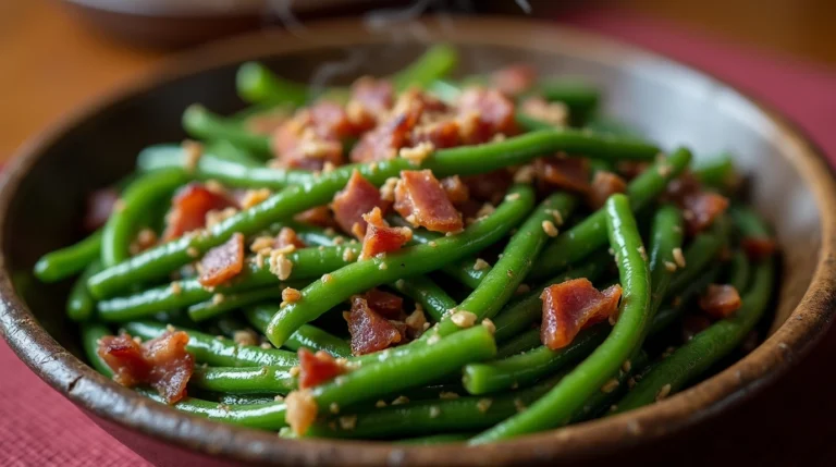 Close-up of Texas Roadhouse style green beans in a bowl, a tasty side dish