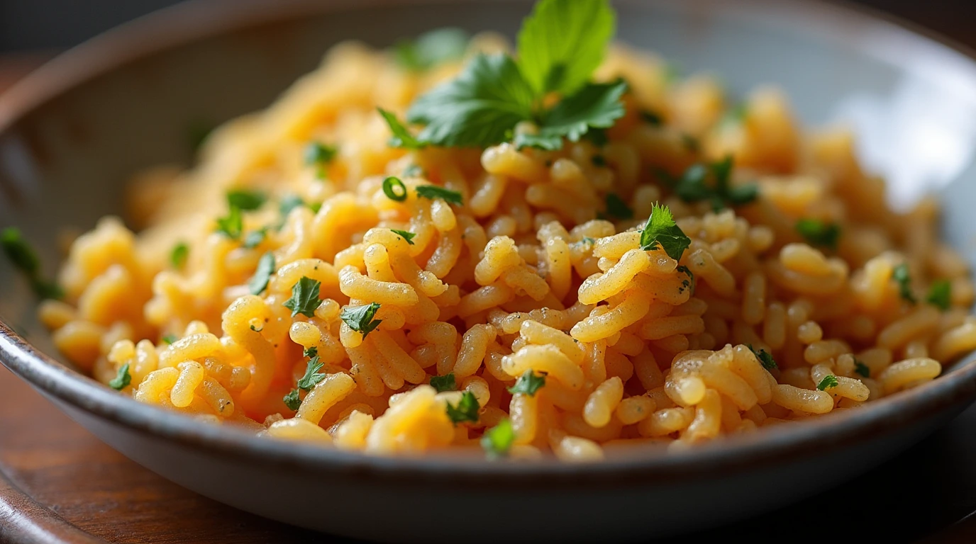 A close-up shot of a bowl filled with golden-yellow cooked rice, garnished with fresh green herbs, possibly parsley and chives