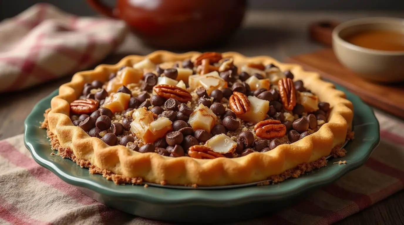 A whole pie with chocolate chips, pecans, and caramel pieces, on a green plate