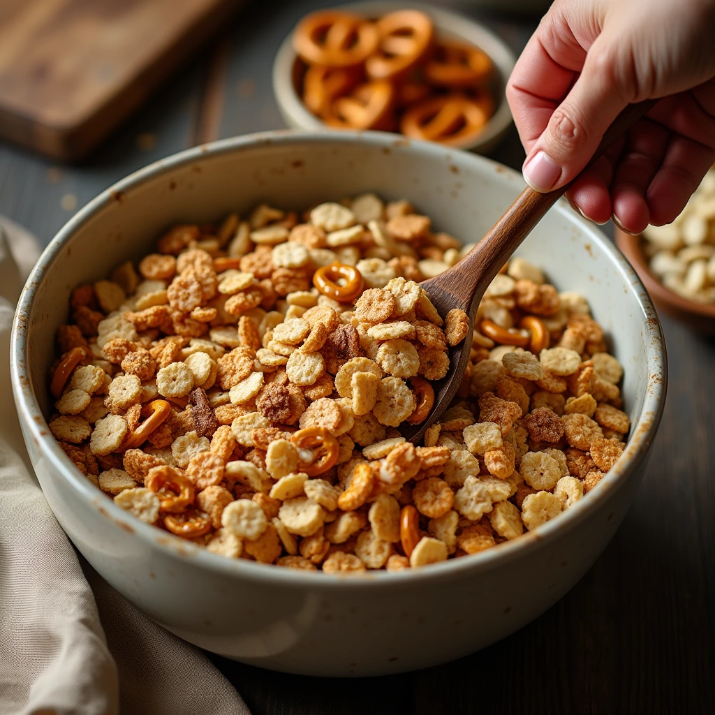 Hand mixing dry ingredients for Texas Trash in a large bowl