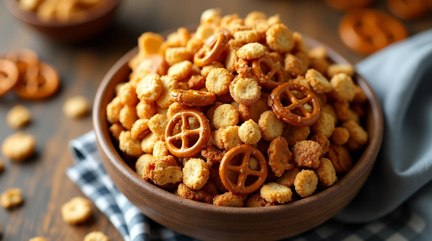 Bowl of golden brown homemade Texas Trash snack mix