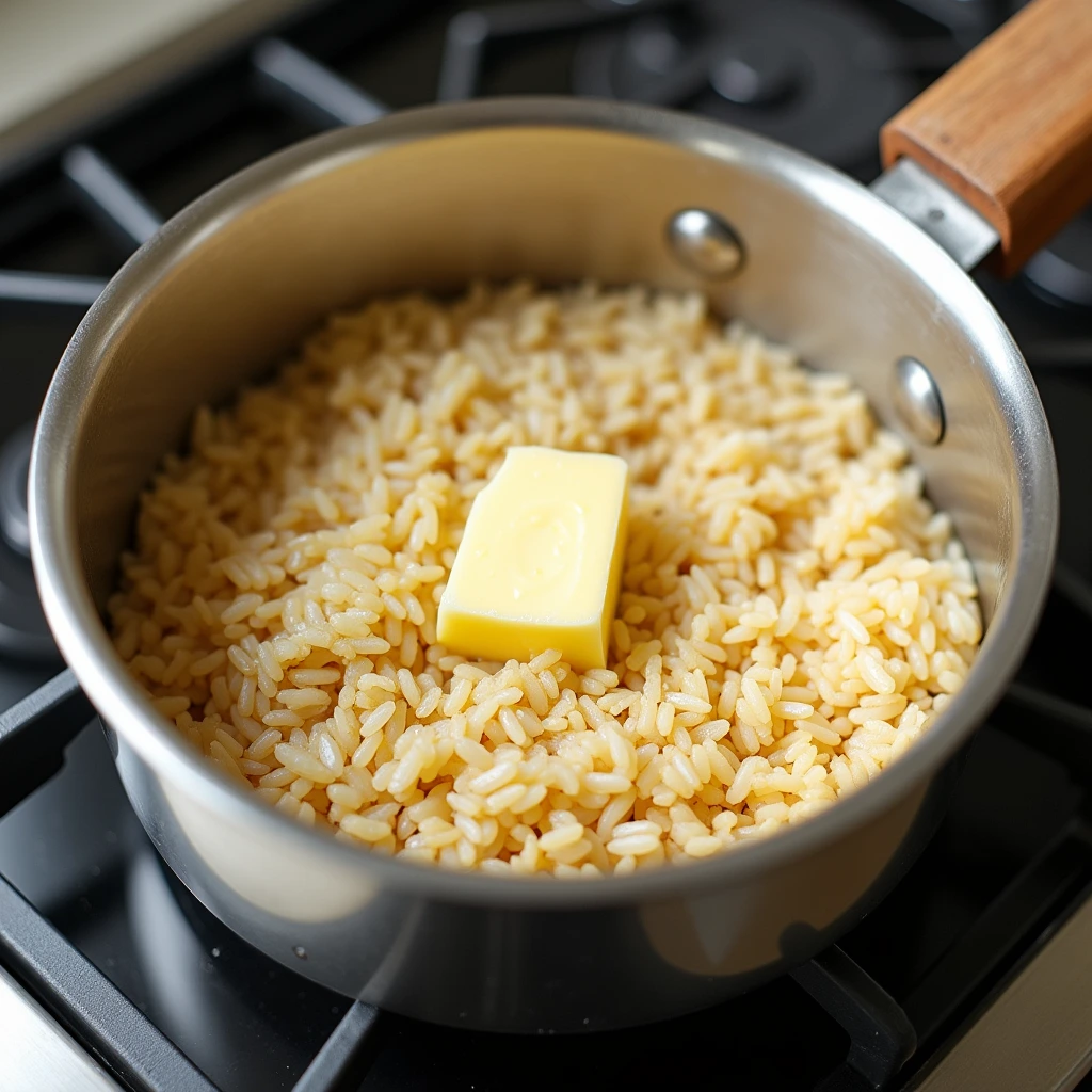 A close-up, overhead shot of a small stainless steel saucepan filled with cooked brown rice and a pat of butter melting in the center. The pan sits on a black gas stovetop. This image relates to a Texas Roadhouse Rice Recipe