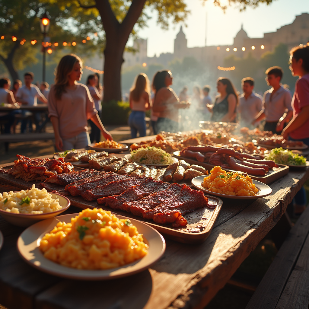 A long table filled with various barbecue foods at an outdoor event, with several people in the background