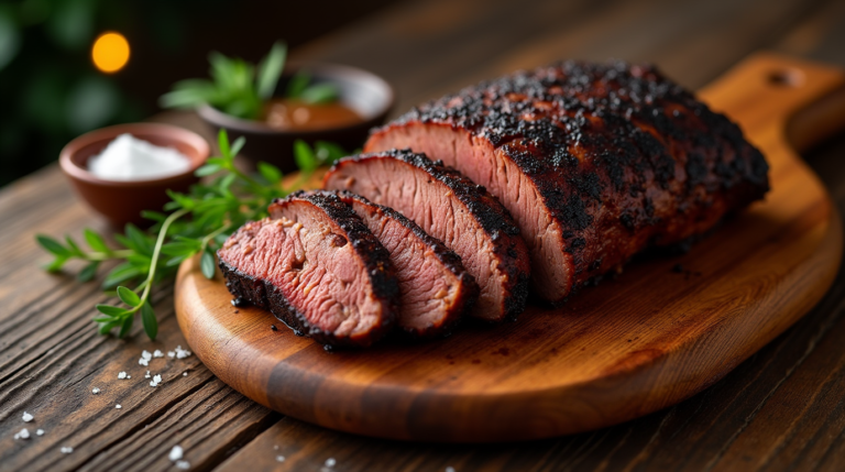 A sliced cooked beef roast on a wooden cutting board, with bowls of ingredients in the background