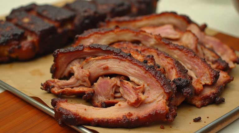 Sliced pork ribs and a whole cooked pork roast on a wooden surface