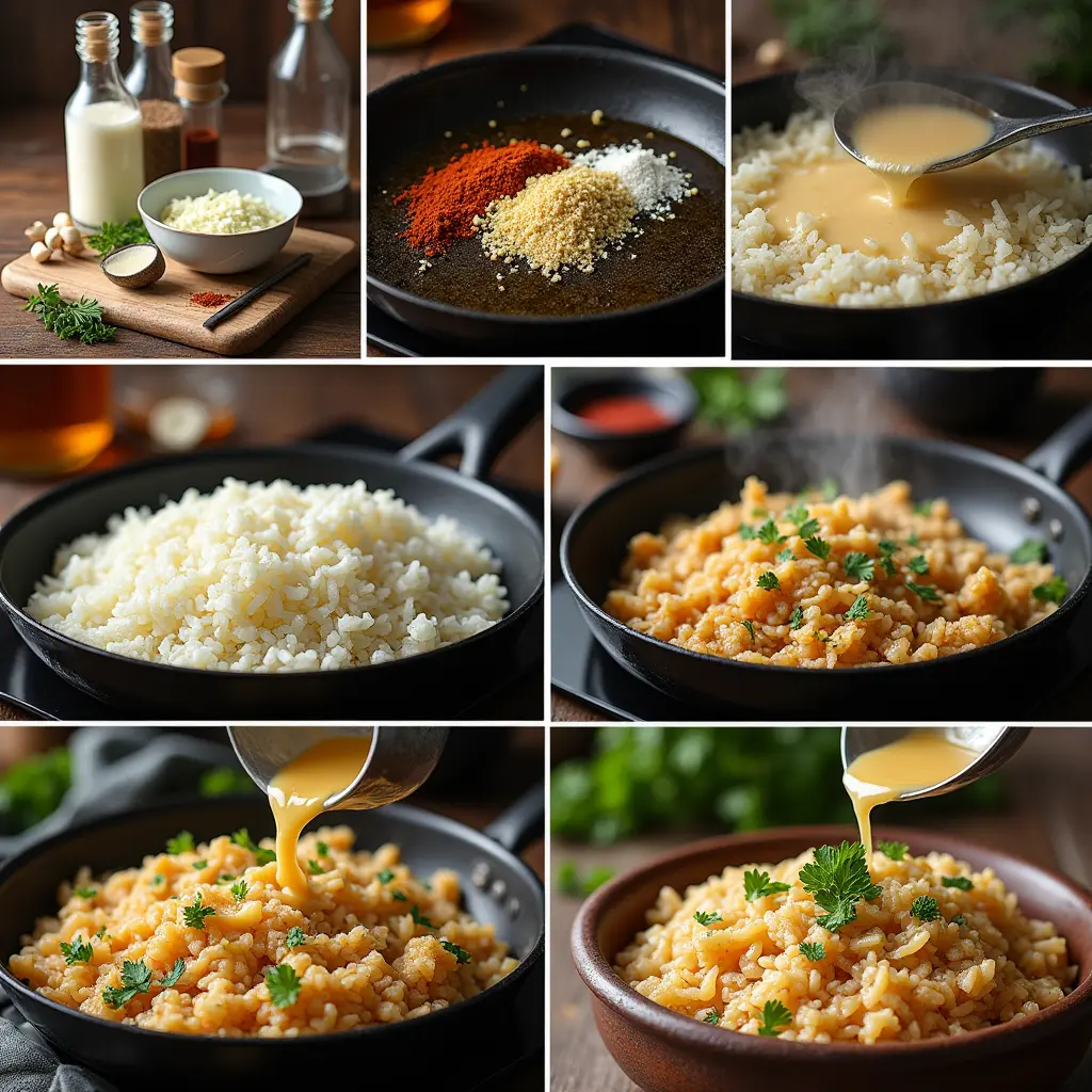 A six-panel image showing the steps to prepare a rice dish