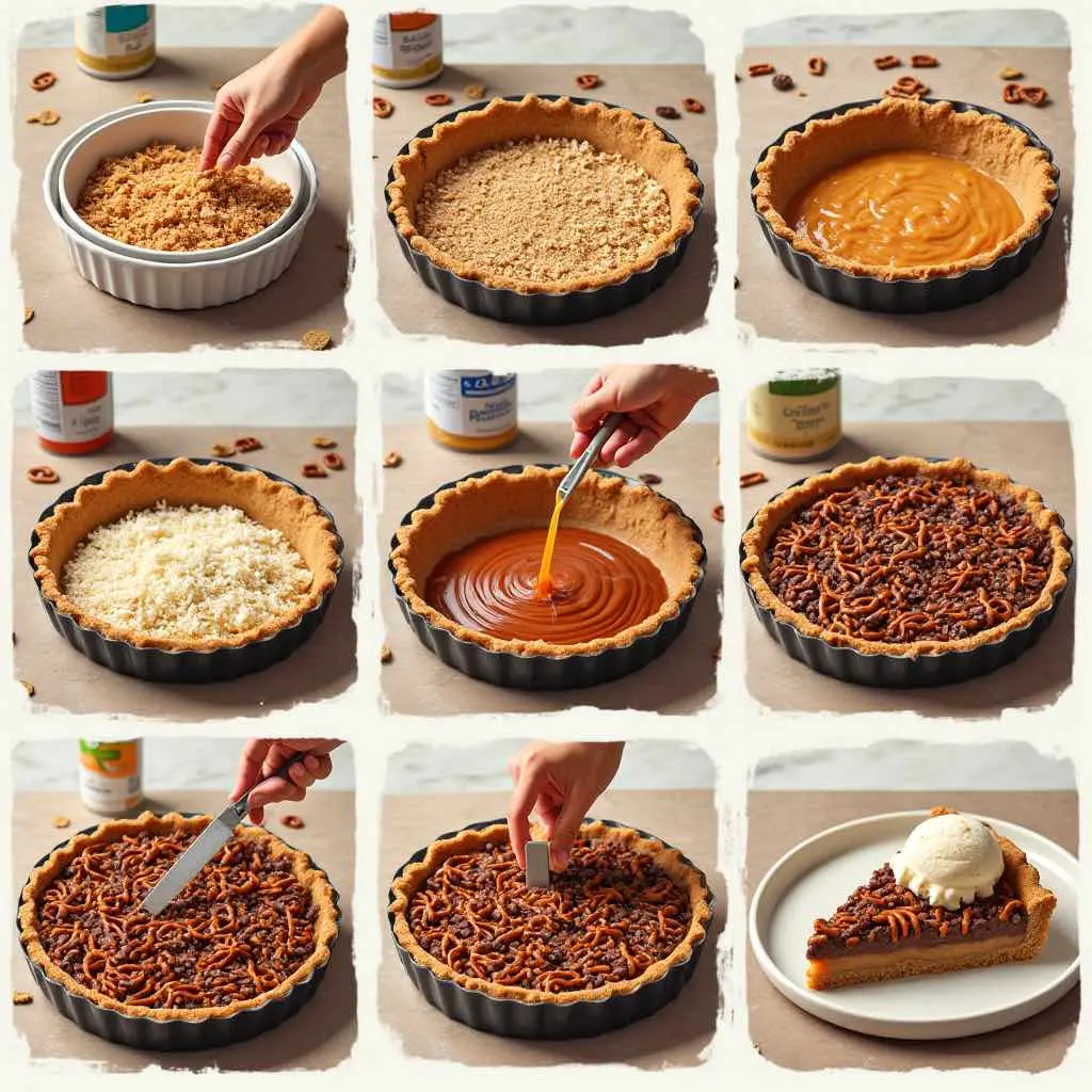 A nine-panel image showing the steps to make a Texas Trash Pie