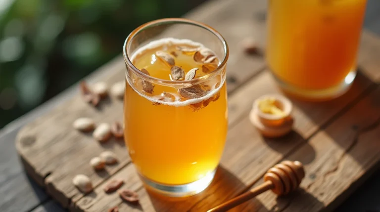 Golden lotus seed honey drink in a clear glass on a rustic table