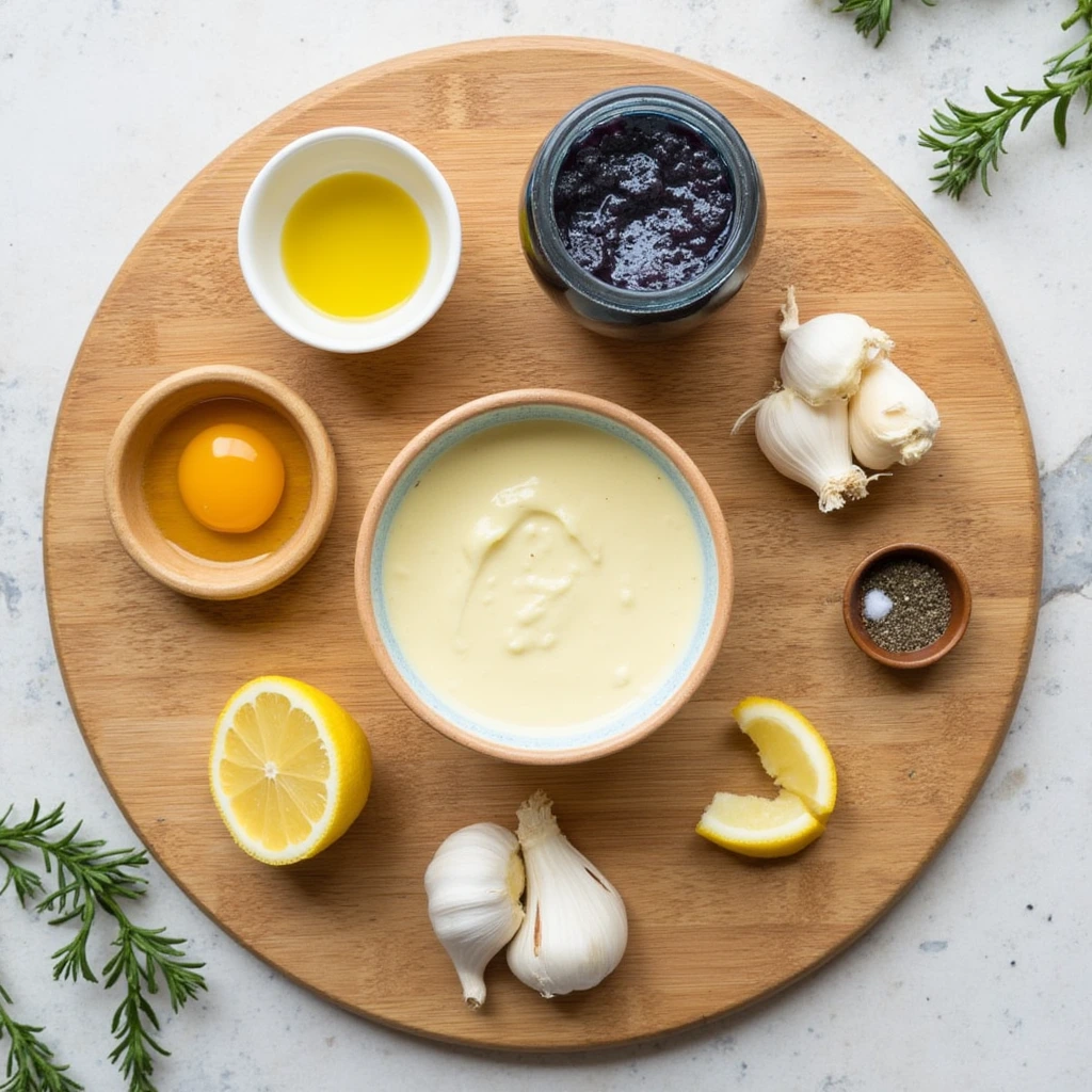 Flat lay of aioli ingredients with finished aioli in the center