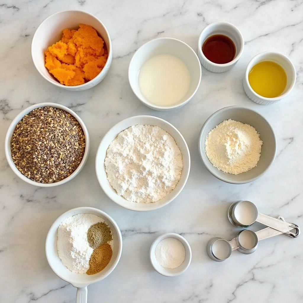 Ingredients for miso sweet potato bread laid out on a kitchen counter