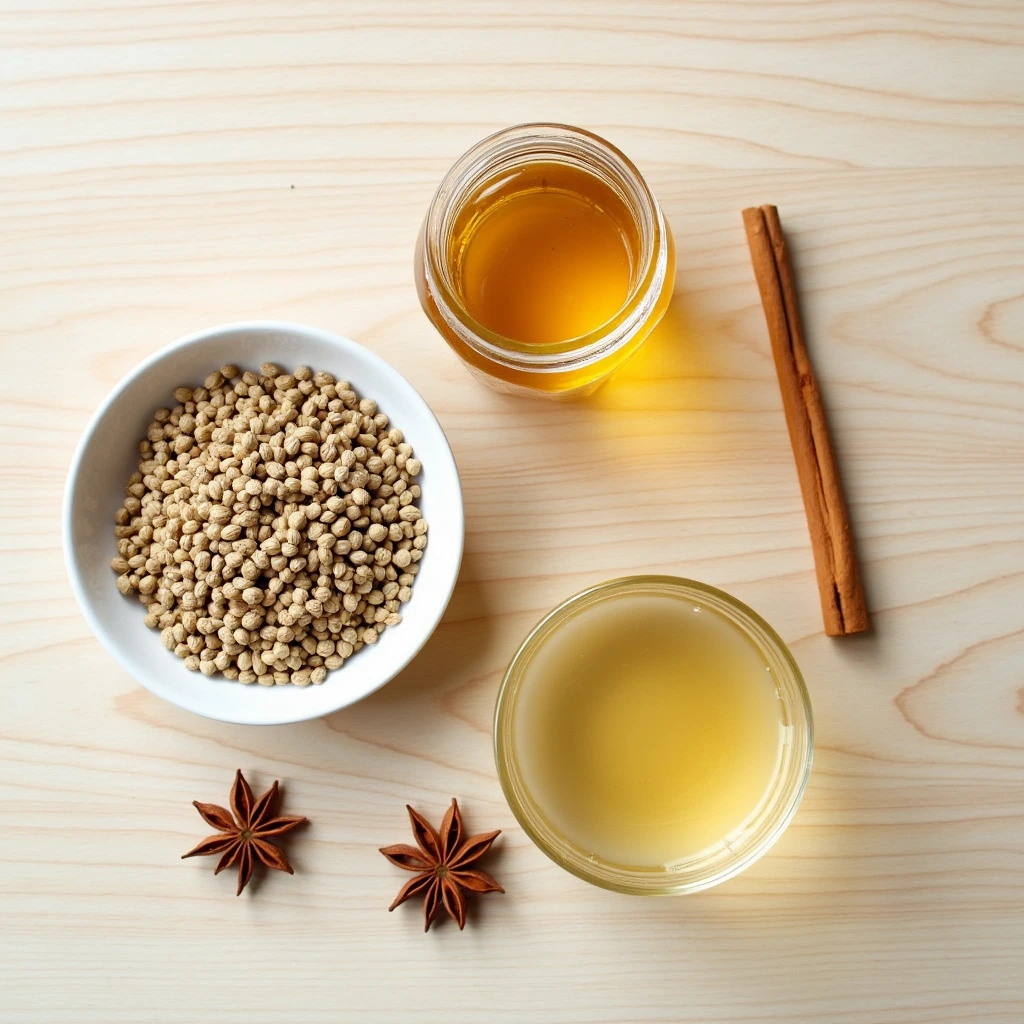 Ingredients for lotus seed honey drink: lotus seeds, honey, and spices